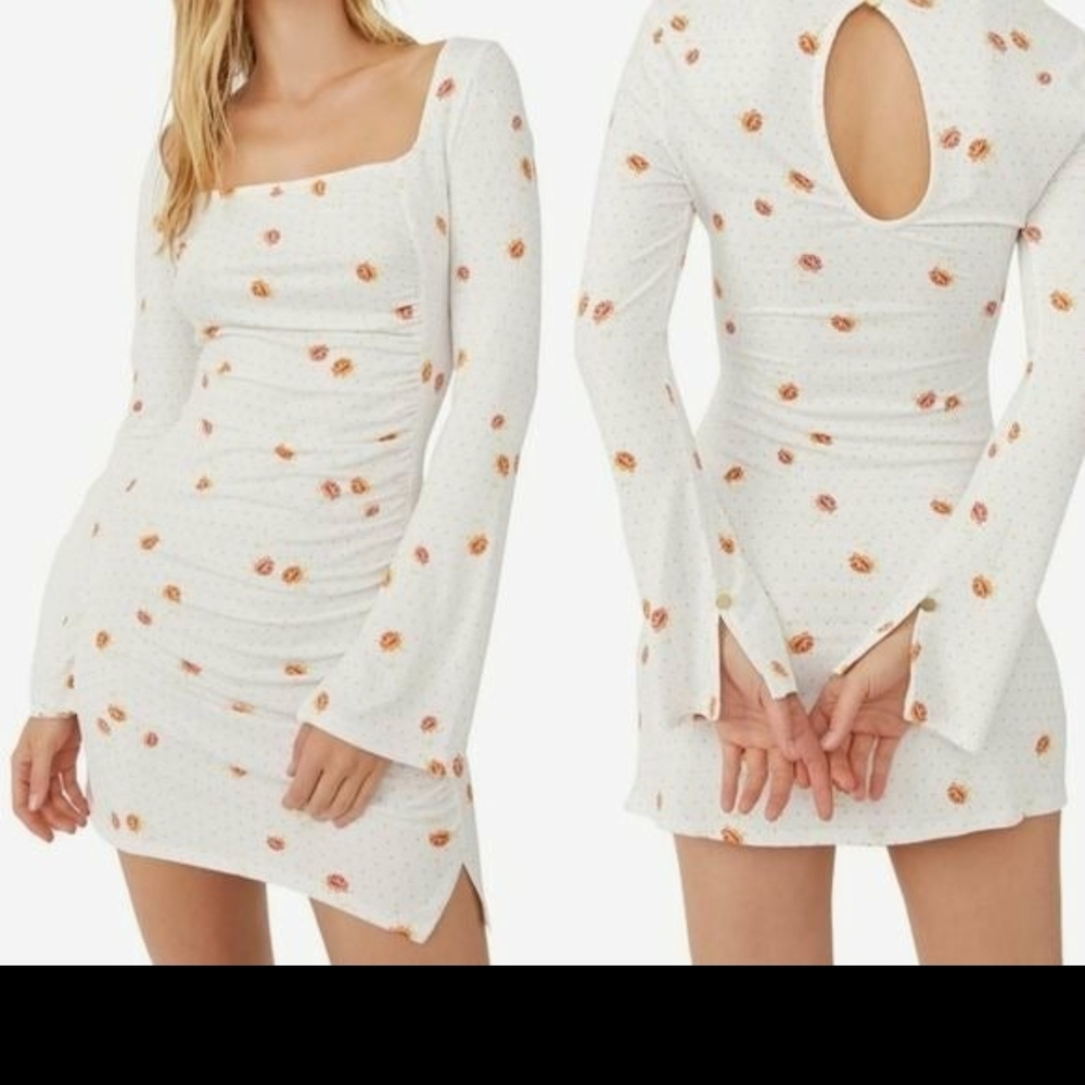 Free People White Mini Dress with Orange Floral Print